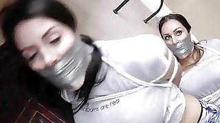 Two Girls Duct Tape Wrap Gagged and Tied in Bondage